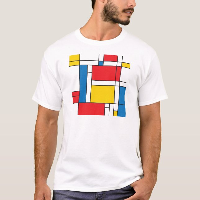 Modernes Mondrian inspiriertes grafisches Muster T-Shirt (Vorderseite)