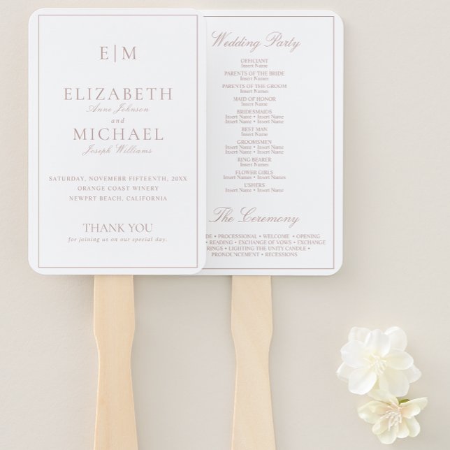 Modernes Mongram Dusty Rose Script Wedding Program Fächer (Wedding Program Hand Fan)