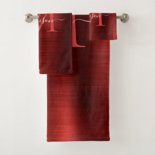 Modernes Mongram-Skript für Burgundy Red Brushed M Badhandtuch Set