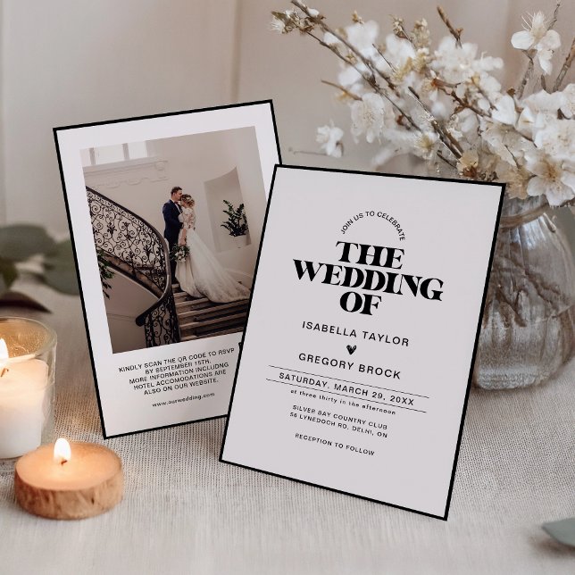 Modernes monochromes Foto mit QR-Code-Hochzeit Einladung (Von Creator hochgeladen)