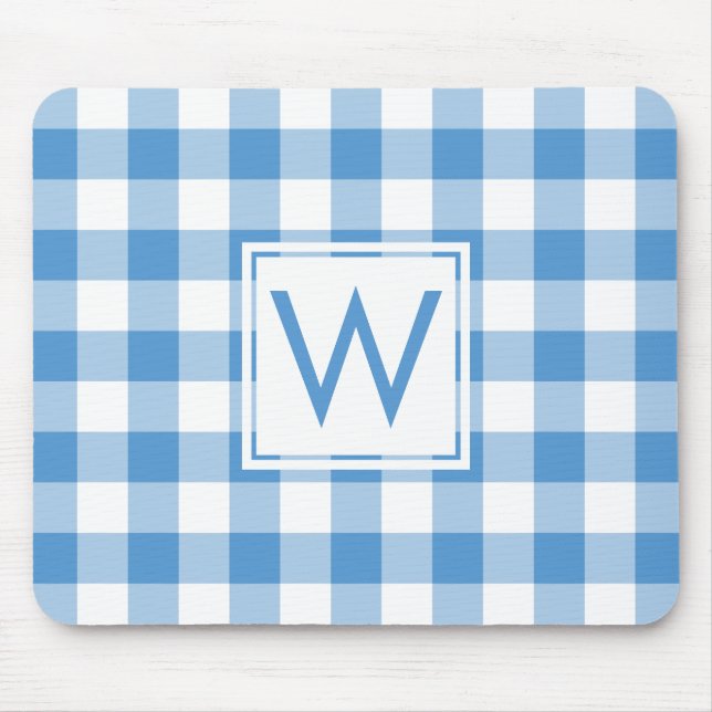 Modernes Monogram Baby Blue & White Gingham Patter Mousepad (Vorne)