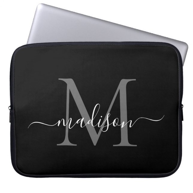 Modernes Monogram Black Gray Silver Girly Script Laptopschutzhülle (Vorderseite)