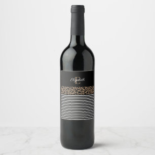 Modernes Monogram Black Leopard Print Wine Label Weinetikett