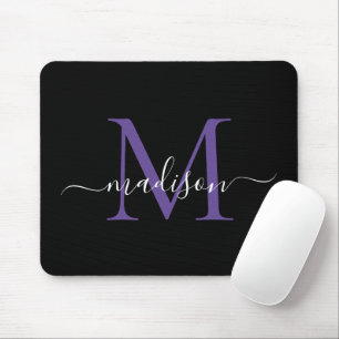 Modernes Monogram Black Lila Violet Girly Script Mousepad