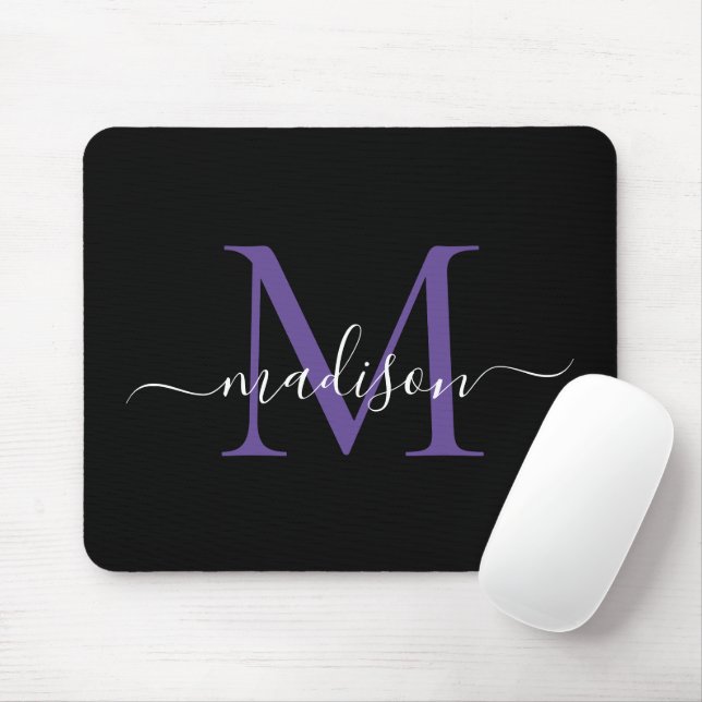 Modernes Monogram Black Lila Violet Girly Script Mousepad (Mit Mouse)