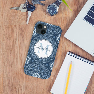 Modernes Monogram Blue Simple Mandala Custom Case-Mate iPhone Hülle