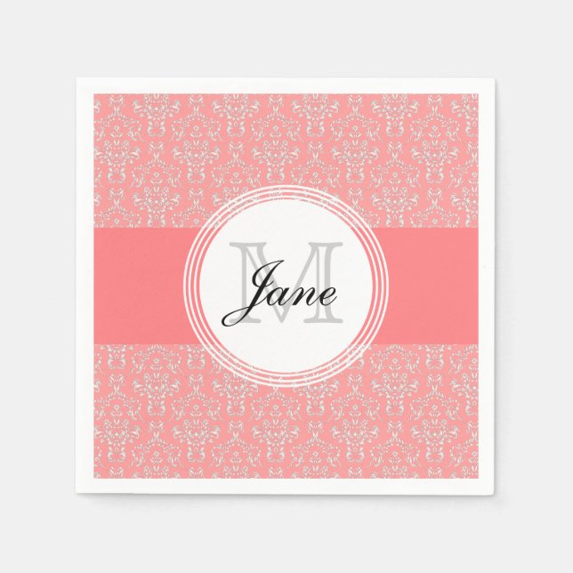 Modernes Monogram Damask Napkin Coral Serviette (Vorderseite)