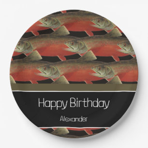 Modernes Monogram Fisch Lachs Design Schwarz-weiß  Pappteller