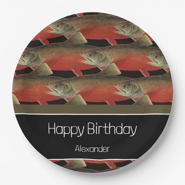 Modernes Monogram Fisch Lachs Design Schwarz-weiß  Pappteller (Vorderseite)