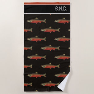 Modernes Monogram Fisch Lachs Design Schwarz-weiß  Strandtuch