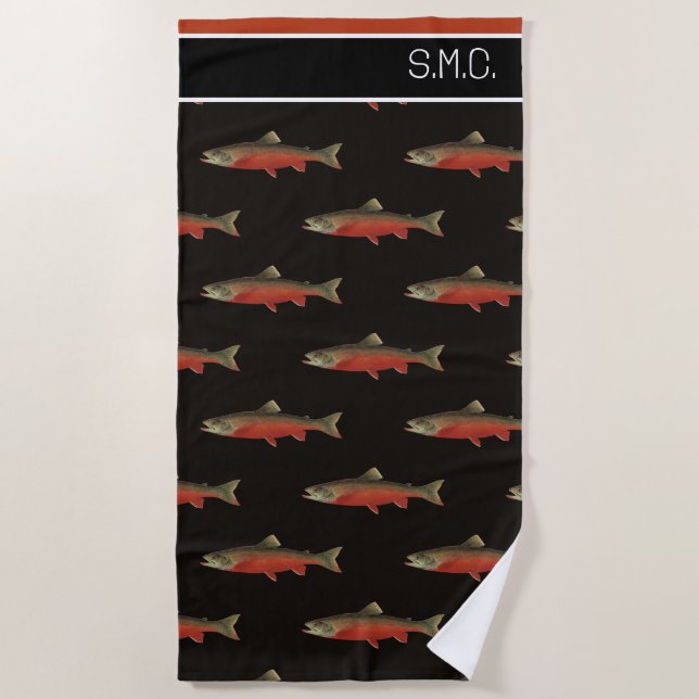 Modernes Monogram Fisch Lachs Design Schwarz-weiß  Strandtuch (Vorderseite)