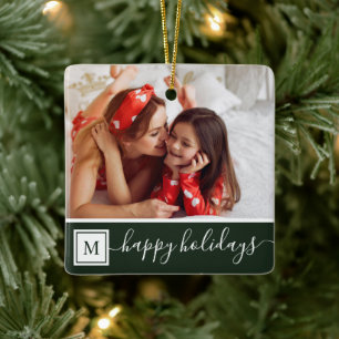 Modernes Monogram Foto Happy Holiday Forest Green Keramikornament