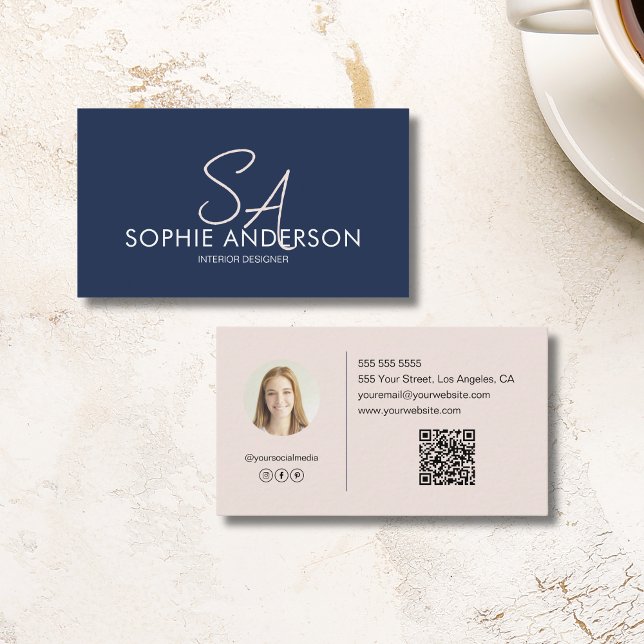 Modernes Monogram Foto Navy Blue Beruflich Visitenkarte (Modern Monogram Photo Navy Blue Professional Business Card)