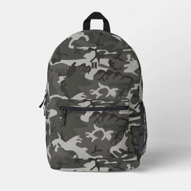 Modernes Monogram Gray Camouflage Camouflage Muste Bedruckter Rucksack (Vorderseite)