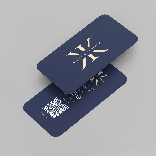 Modernes Monogram-K-Logo Beruflich dunkelblau Visitenkarte (Modern Monogram K Reversed Initials Professional Dark Blue Gold Elegant Logo QR code Business Card
)