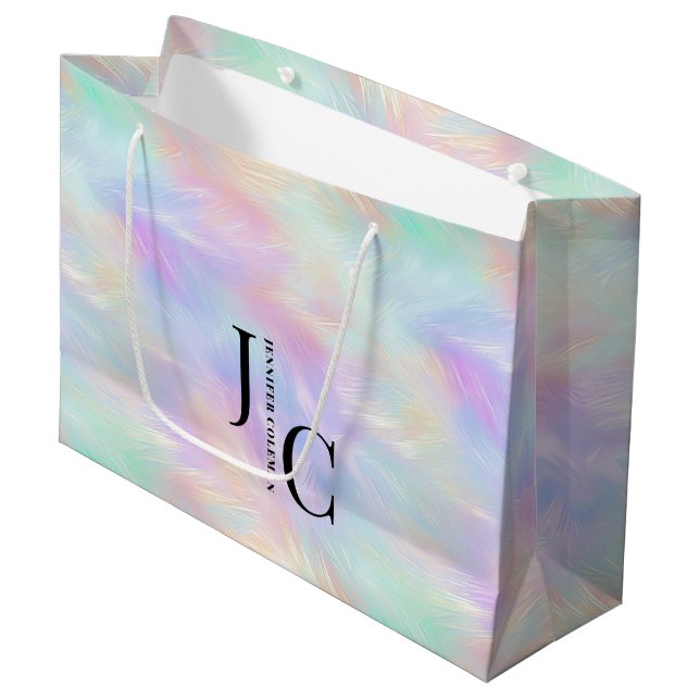 Modernes Monogram Logo Iridescent Opal Stilvoll Große Geschenktüte (Vorderseite Schrägansicht)