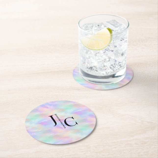 Modernes Monogram Logo Iridescent Opal Stilvoll Runder Pappuntersetzer (Vor Ort)