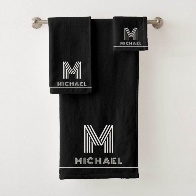 Modernes Monogram Masculine Black Badhandtuch Set (Insitu)