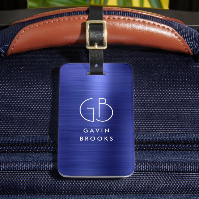 Modernes Monogram Navy Blue Brushed Glam Metallic Gepäckanhänger (Vorderseite Insitu 2)