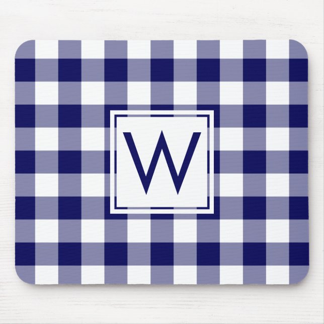 Modernes Monogram Navy Blue & White Gingham Muster Mousepad (Vorne)