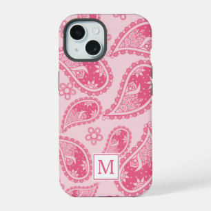 Modernes Monogram Pink Paisley Retro Muster iPhone 15 Hülle