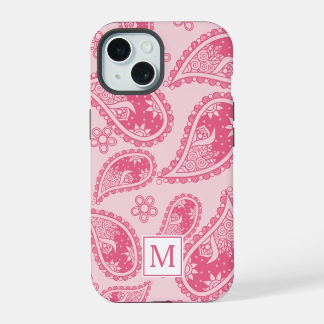 Modernes Monogram Pink Paisley Retro Muster iPhone 15 Hülle (Rückseite)