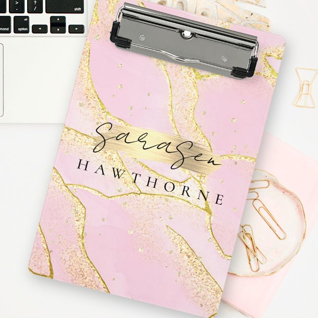 Modernes Monogram Script Chic Girly Pink Gold Foil Mini Klemmbrett (Von Creator hochgeladen)