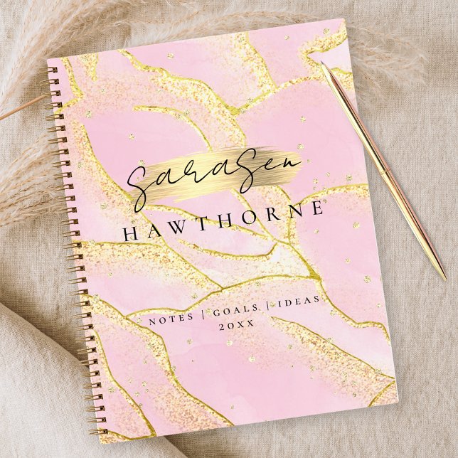 Modernes Monogram Script Chic Girly Pink Gold Foil Notizbuch (Von Creator hochgeladen)