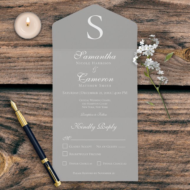 Modernes Monogram Silver Grau Dinner All In One Einladung (Von Creator hochgeladen)