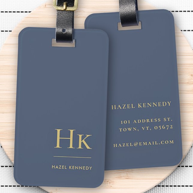 Modernes Monogram Simple Elegant Navy Blue Gold Gepäckanhänger (Von Creator hochgeladen)
