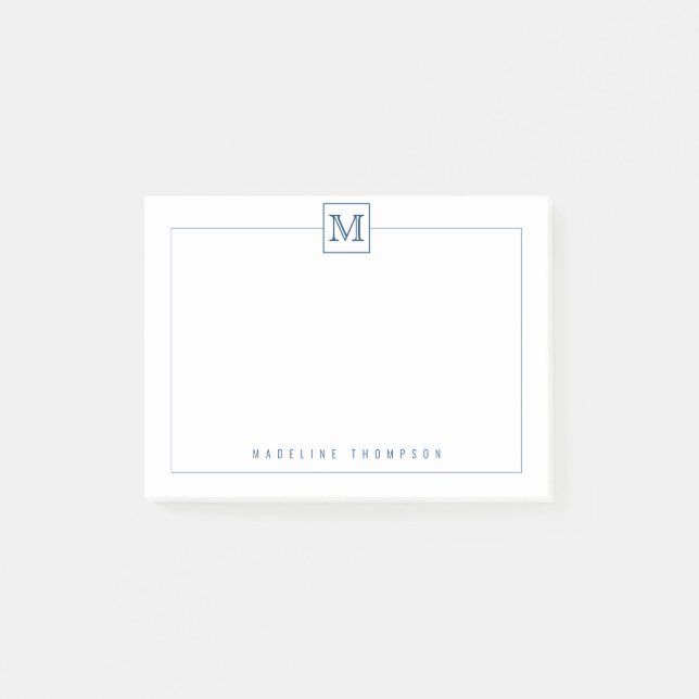Modernes Monogram Square Border Navy Blue Post-it Klebezettel (Vorderseite)