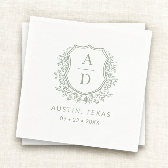 Modernes Monogram Wedding Sage Green Wappen Serviette (Von Creator hochgeladen)