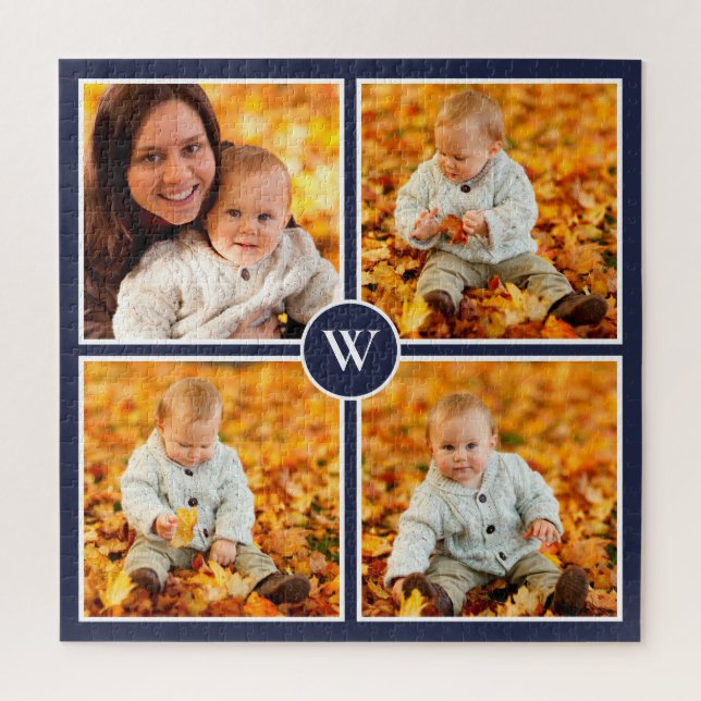 Modernes Monogramm 4 FotoCollage auf Navy Blue Puzzle (Vertikal)