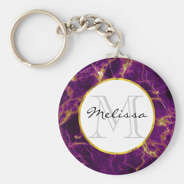 Modernes Monogramm aus Lila und Abstraktem Marmor Schlüsselanhänger (Vorne)