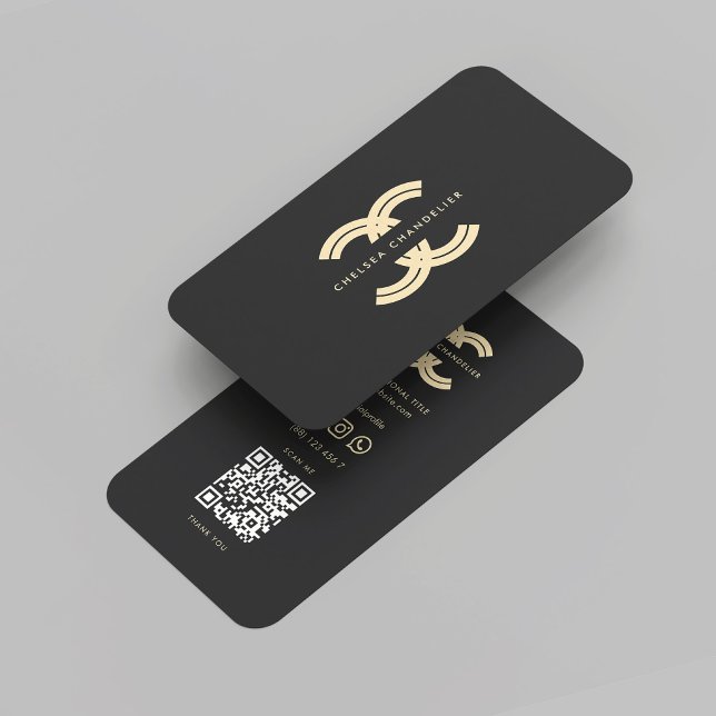Modernes Monogramm Berufliches Logo C Schwarz Gold Visitenkarte (Modern Monogram Initial Reversed Letter C Elegant Professional Logo Black Gold QR code Business Card)