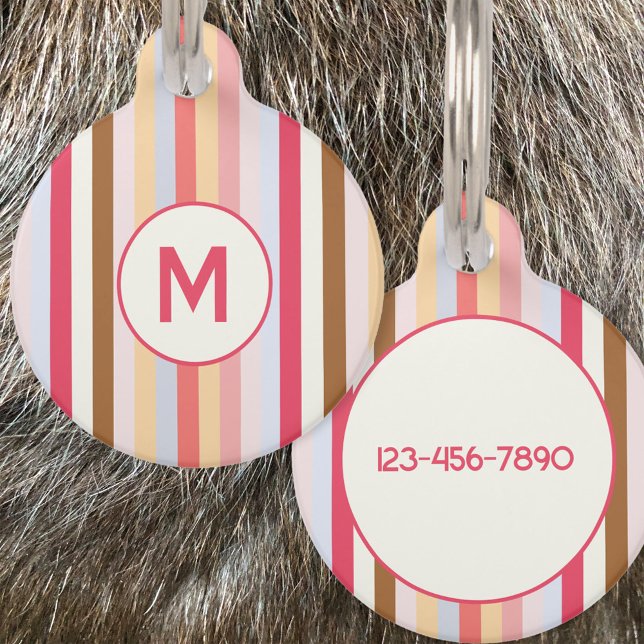 Modernes Monogramm Erstkleber-Konfektionsstreifen Haustiermarke (Pastel Stripe personalized monogram initial phone number pet tag)