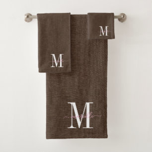 Modernes Monogramm Faux-Leinen Dunkelbraun Badhandtuch Set