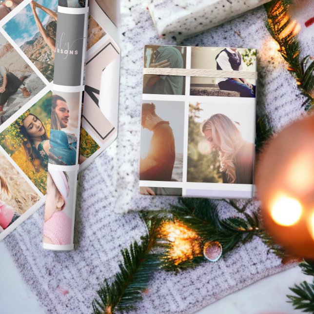 Modernes Monogramm für Ihr 16-Foto-Kollektionsgitt Geschenkpapier (Modern monogram your family 16 photo collage grid wrapping paper)