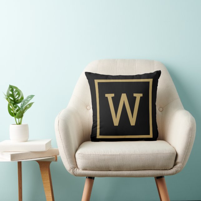 Modernes Monogramm Gold und Schwarz Kissen (Stuhl )