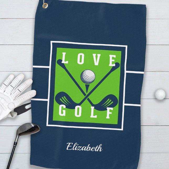 Modernes Monogramm Golfer Blue Green Sports Design Golfhandtuch (Classic Golfer Golf Modern Monogram Crossed Clubs Ball Pro Blue Green Golf Towel For Him or For Her)