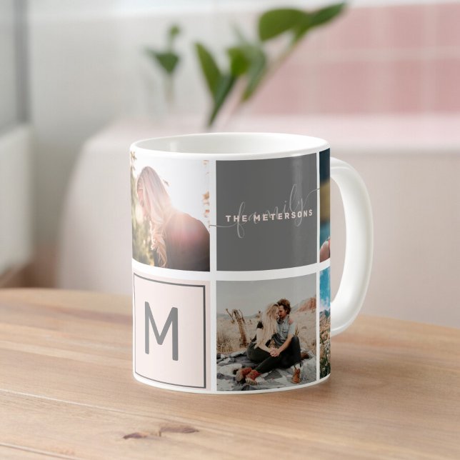 Modernes Monogramm Ihres 7-Foto-Sortiergitters Kaffeetasse (Modern monogram your family 7 photo collage grid coffee mug)