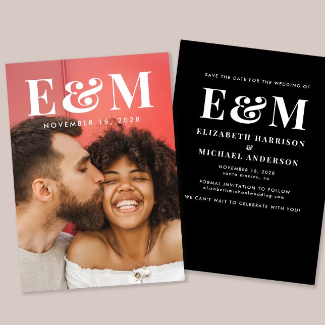 Modernes Monogramm-Initial-Foto Schwarz-weiß Save The Date (Von Creator hochgeladen)