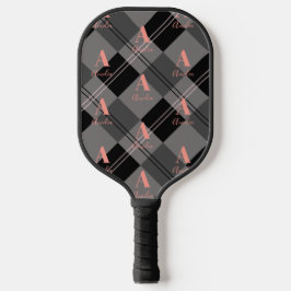 Modernes Monogramm Kariert-Grau-Schwarz-Rosa Pickleball Schläger