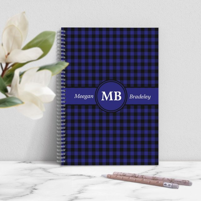 Modernes Monogramm Kariertes Muster Notizblock (Modern Blue Plaid Monogram Notebook)