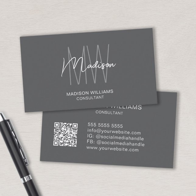 Modernes Monogramm-Logo QR-Code Grau Consultant Visitenkarte (Modern Monogram Logo QR Code Gray Consultant Business Card)