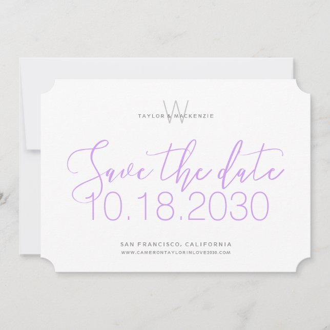 Modernes Monogramm Minimal Lilac Save the Date Lil (Vorderseite)