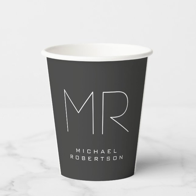 Modernes Monogramm Minimalistisch grau Pappbecher (Vorderseite)