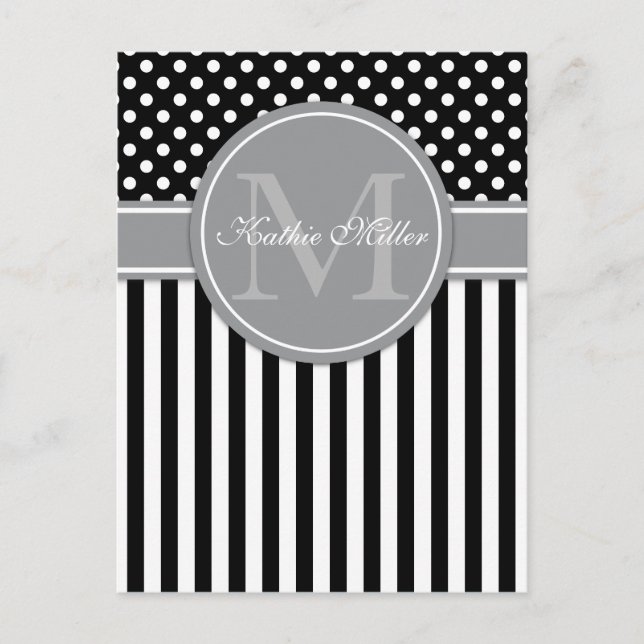 Modernes Monogramm mit Streifen-Punkt Postkarte (Vorderseite)