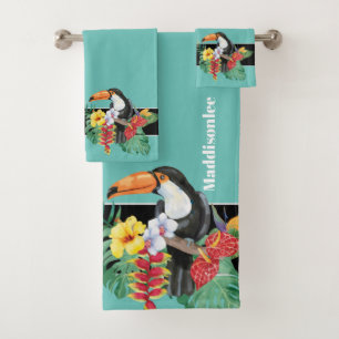 Modernes Monogramm Name Black Toucan Badezimmer Badhandtuch Set
