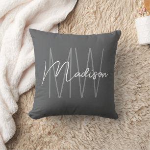 Modernes Monogramm Name Script grau Kissen